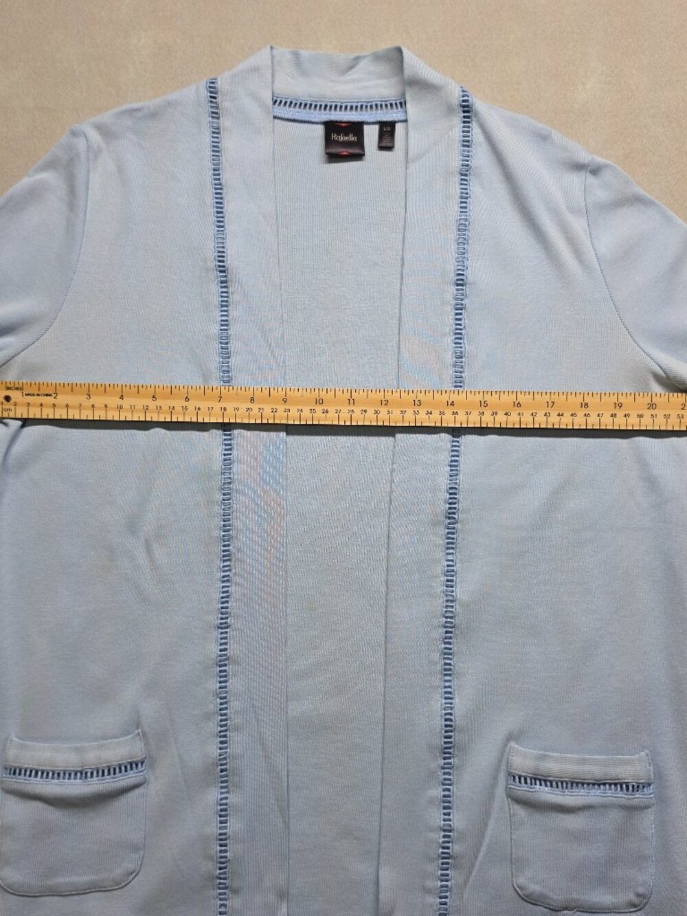 Rafaella Pastel Light Blue Open Front Cardigan Crochet Lace Trim Pockets Large